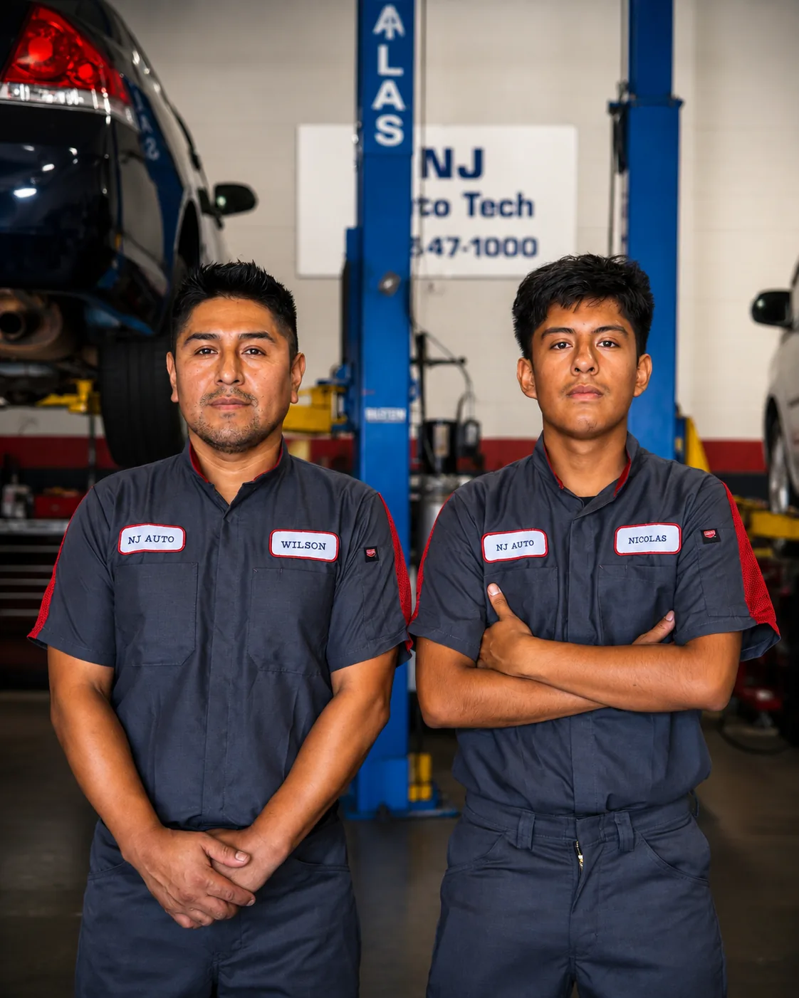 Technicians Wilson and Nicolas Sacasari standing together in the NJ Auto Tech Automotive Specialist service bay in Wappingers Falls, NY